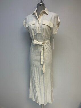 NWT Calvin Klein Elegant Linen Natural Short Sleeve Midi Shirt Dress Self Belted